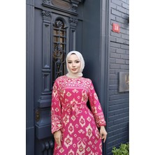 Kadın Pembe %100 Viskon Pamuklu Belden Kuşaklı-Etnik Desen Bol Kesim Tesettür Elbise E477