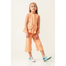 Miniğimin Cicileri Müslin Pamuklu Fiyonk Detaylı Kız Çocuk Kapri 2 li takım - Turuncu