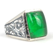 Nusret Takı 925 Ayar Gümüş Sıkma Kehribar Yeşil Taşlı Erkek Yüzük