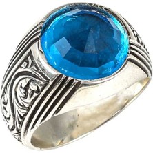 Nusret Takı 925 Ayar Gümüş Yuvarlak Işlemeli Kollu Akuamarin Taşlı Erkek Yüzük