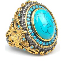 Nusret Takı 925 Ayar Gümüş Turkuaz Taşlı El Kalemli Altın Kaplama Erkek Yüzük