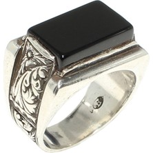 Nusret Takı 925 Ayar Gümüş Dikdörtgen Oniks Taşlı Desenli Erkek Yüzük