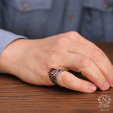 Nusret Takı 925 Ayar Gümüş Kare Akik Taşlı Sarmaşık Desenli Çiftli Erkek Yüzük