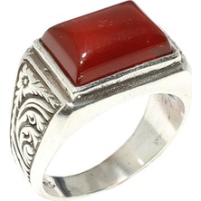 Nusret Takı 925 Ayar Gümüş Dikdörtgen Akik Taşlı Çiçek Desenli Erkek Yüzük