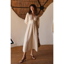 Olcay V Yaka Giritli Düğme Detaylı Poplin Elbise Krem 9290-E