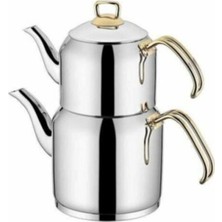 Mediterian Şık ve kullanışlı 4 numaralı çaydanlık, sade ve altın detaylı, dayanıklı çelik materyal