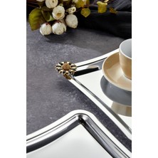 Elegante Square Serisi, Fiore Nero Kulp Desenli Krom Sunum Söz Nişan Tepsisi, 22X22CM, 6 Adet