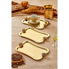 3 Adet Elegante Gold Serisi Duo Fiore Nero Kulp Desenli Sunum Tepsi Söz Nişan Tepsisi 25X15CM