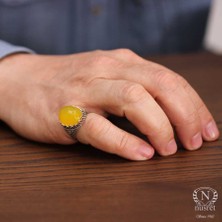 Nusret Takı 925 Ayar Gümüş Kehribar Taşlı Oval Erkek Yüzük