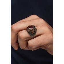 Kırmızı Taşlı Oval 925 Erkek Gümüş Yüzük