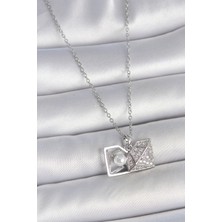 316L Çelik Gümüş Renk Zincir Zirkon Taşlı Incili Açılır Elmas Model Kadın Kolye