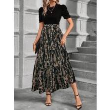 Kadın Kısa Kollu Bisiklet Yaka Üst Ithal Krep Alt Süprem Maksi Boy Elbise