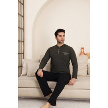 Alimer Erkek Bisiklet Yaka 3 Düğmeli Göğüs Cepli Pamuk Likra Mevsimlik Uzun Kol Pijama Takımı