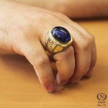 Nusret Takı 925 Ayar Gümüş Oval Sentetik Safir Taşlı Erkek Yüzüğü