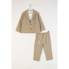 Beli Lastikli Ceket Pantolon T-Shirt Kombinli Özel Gün Bayramlık 3'lü Erkek Çocuk Takım