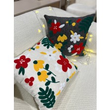 1 Adet Punch Kırlent Kılıfı Çiçek Desenli - Punch Yastık Kılıfı Beyaz Gri 43 x 43 Fermuarlı