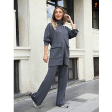 Buketli Kadın Uzun Üstlü Beli Büzgülü Oversize Sweatshirt & Pantolon Ikili Takım