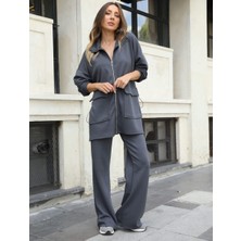 Buketli Kadın Uzun Üstlü Beli Büzgülü Oversize Sweatshirt & Pantolon Ikili Takım