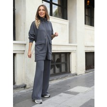 Buketli Kadın Uzun Üstlü Beli Büzgülü Oversize Sweatshirt & Pantolon Ikili Takım