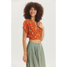 V Yakalı Düşük Kollu Bohem Bluz Turuncu