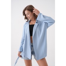 Kadın Mavi Bağcık Detaylı Astarsız Modal Ceket 29081