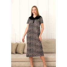 Siyah Leopar Dantel Detaylı 3 Düğmeli Kısa Kol Likralı Viskon Uzun Gecelik-Anne Kalıp Büyük Beden