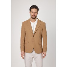 Frappoli Waffle Erkek Camel Waffle Desen Pamuk Karışımlı Likralı Esnek Kumaş Dört Mevsim Blazer Ceket