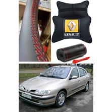 Megane1 Direksiyon Kılıfı Dikmeli Ithal Düz Deri Ultra Esnek & 2'li Lüks Ortopedik Boyun Yastığı