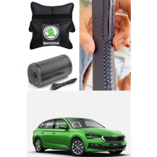 Skoda Scala Dikmeli Direksiyon Kılıfı Düz Ultra Esnek Ithal Deri & 2'li Lüks Boyun Yastığı