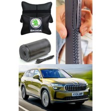 Skoda-Kodiaq Dikmeli Direksiyon Kılıfı Düz Ultra Esnek Ithal Deri & 2'li Lüks Boyun Yastığı