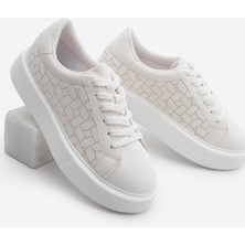Marjin Kadın Sneaker Kalın Taban Desenli Bağcıklı Spor Ayakkabı Linay Beyaz