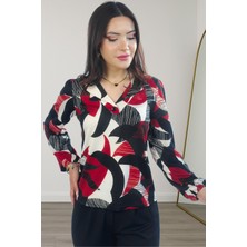 Lupinn Moda Kadın Siyah Kırmızı Modern Desenli V Yaka Uzun Kollu Şık Bluz