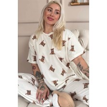 Beige Teddy Desenli Bambu Kısa Kol Kadın Pijama Takımı