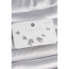 Çarşı Point Pirinç Gümüş Renk Pembe Zirkon Taşlı Kalp Model İnci Detay 925 Ayar Gümüş Çivi Kadın Küpe Seti