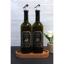 Mediterian Ahşap Standlı 2'li Yağlık ve Şişe Seti, 750 ml, Siyah Kapak, Gri Renk