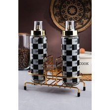 Mediterian Çok Renkli Dama Desenli Cam Yağlık Takımı, 3 Parça, 500 ml, Metal Altlık