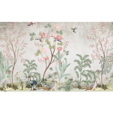 Renkli Ağaç Dalları ve Çiçekler Tropikal Hayvanlar Duvar Kağıdı