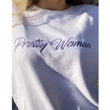Kyleen Oversize Beyaz Renk Lila Rengi Nakışlı Kadın Sweatshirt