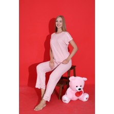 Mlale Pudra Fitilli Ince Raporlu Kumaş Kol ve Paça Dantelli Kısa Kollu Bayan Pijama Takımı 4062-P