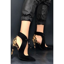 Şık Desenli Siyah Ince Topuklu Bilekten Bağlamalı Günlük ve Gece Stiletto Ayakkabı