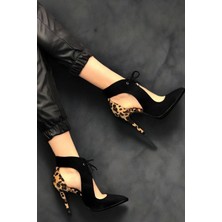 Şık Desenli Siyah Ince Topuklu Bilekten Bağlamalı Günlük ve Gece Stiletto Ayakkabı