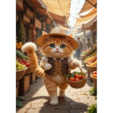 Bedeko Pazara Giden Sevimli Kedi Ahşap Tablo