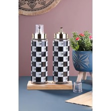 Mediterian Siyah Dama Desenli Cam Yağlık Takımı, Ahşap Altlıklı, 550 ml, 3 Parça