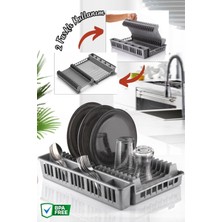 Mediterian Katlanır Tezgah Üstü Bulaşık Düzenleyici, Tabaklık ve Kurutmalık, Gri, 47x23 cm