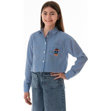 Çizgili Ayıcık Nakışlı Cepli Kız Çocuk Gömlek