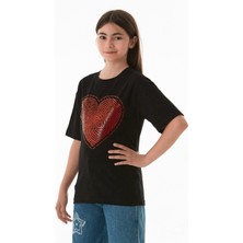 Kalp ve Love Yazı Baskılı Kız Çocuk Oversize Tişört