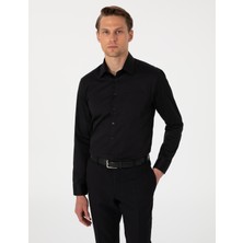 Pierre Cardin Erkek Siyah Parlak Saten Regular Fit Uzun Kollu Basic Gömlek 50302972-VR046