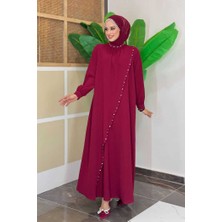 Çapraz Parça Görünümlü Incili Büyük Beden Elbise 3879-1 Bordo