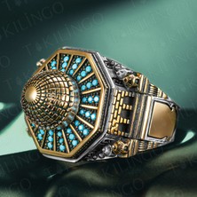 Islam Usta Kubbet'üs Sahra Model 925 Ayar Gümüş Turkuaz Taşlı Dualı Erkek Yüzük