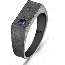 925 Ayar Gümüş Oksitli Pırlanta Montür Ametist Taşlı Sade Erkek Yüzük